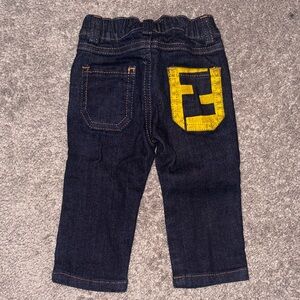 Kids Fendi Dark Blue Denim Pants with Yellow Pocket Detail